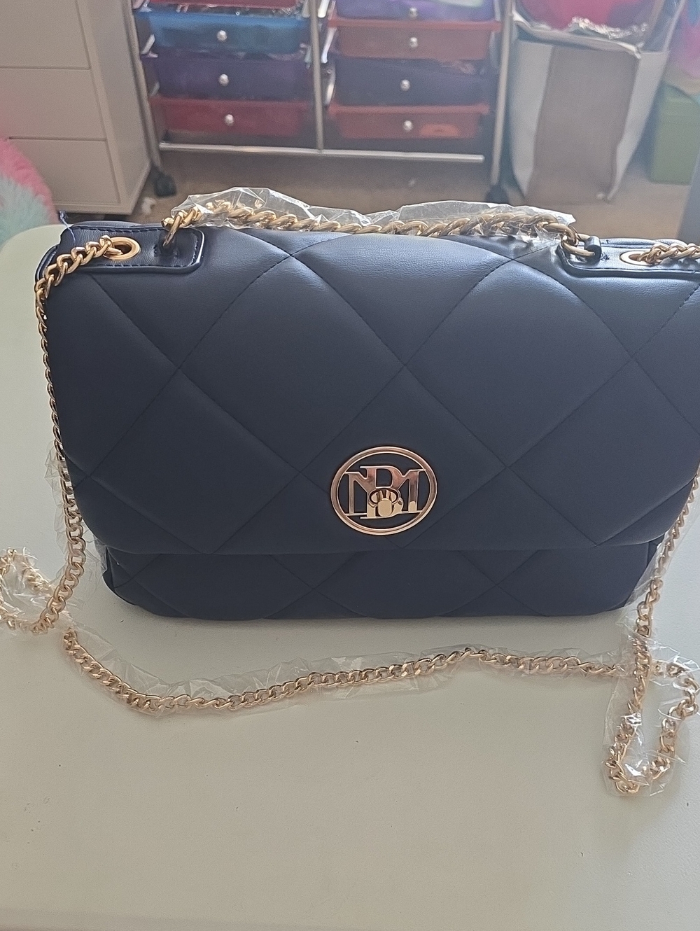 Badgley Mischka Quilted Shoulder Bag in Navy with Gold Hardware